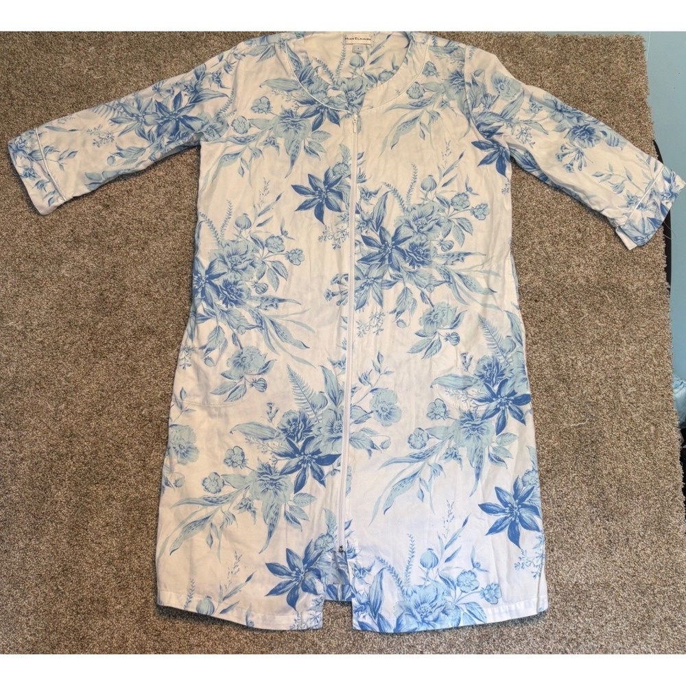 Miss Elaine Zip Front Robe Women Small Blue White Floral Cotton Blend Loungewear